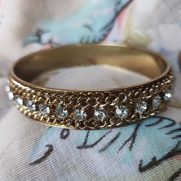 Vintage Gold Tone Clear Prong Set Rhinestone Dual Chain Bangle Bracelet EUC - Picture 1 of 6